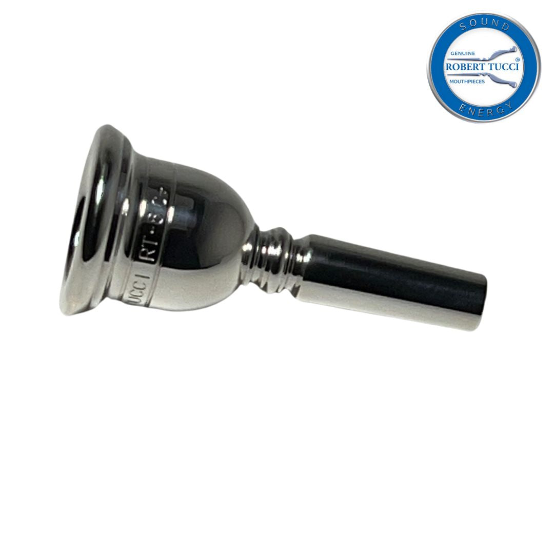 Silver plated Robert Tucci RT-8C+ euphonium or baritone mouthpiece on a white background with Robert Tucci logo.